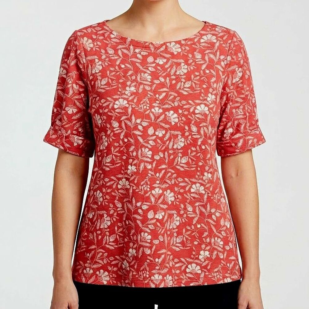Style & Co Womens Top 1X Coral pink white floral knit pullover short sleeve